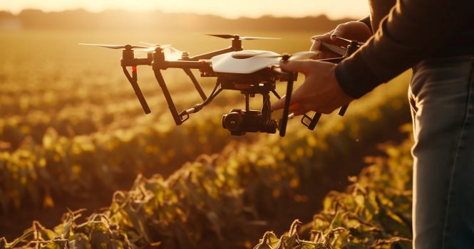 Men piloting drone capture aerial farm image generated by artificial intelligence